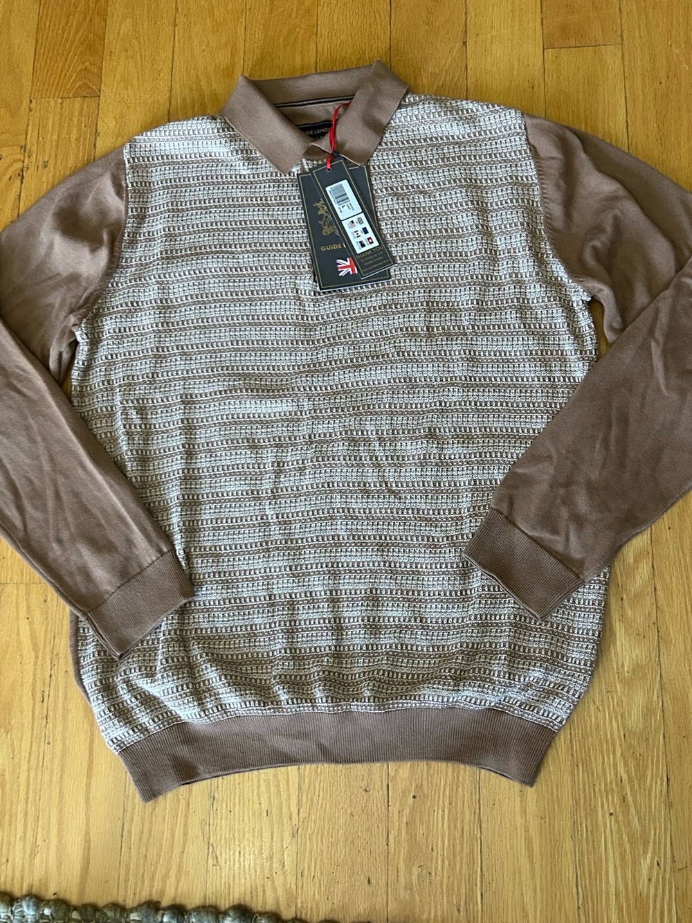GUIDE LONDON Men's Taupe Crewneck Sweater with Textured Knit Panel sz LARGE